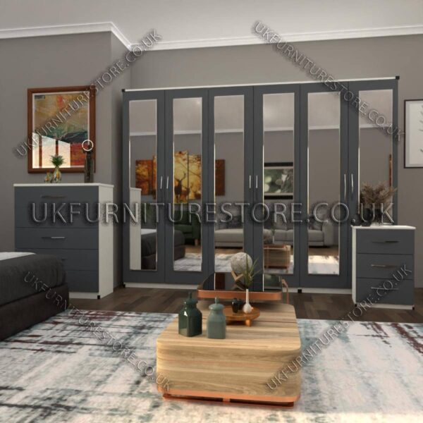 Front Gray Side White 6 Door Wardrobe Set With 6 Mirrors