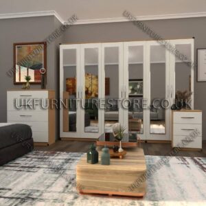 Front White Side Oak 6 Door Wardrobe Set With 6 Mirrors
