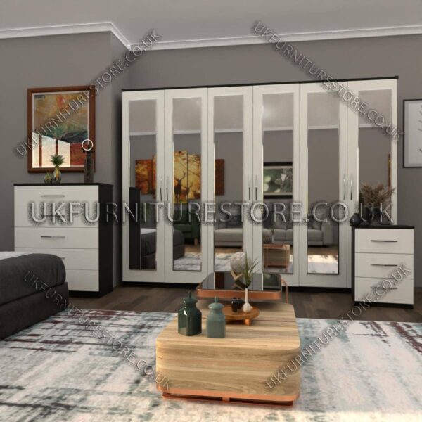 Front White Side Black 6 Door Wardrobe Set With 6 Mirrors