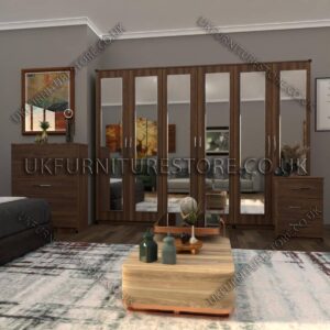 Walnut 6 Door Wardrobe Set With 6 Mirrors