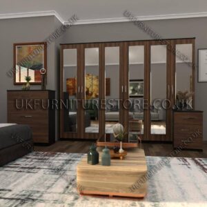 Front Walnut Side Black 6 Door Wardrobe Set With 6 Mirrors