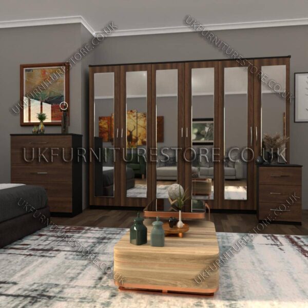 Front Walnut Side Black 6 Door Wardrobe Set With 6 Mirrors