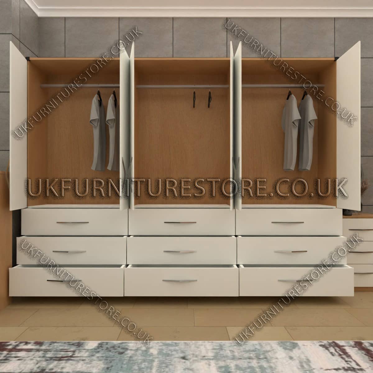 White 6 Door Wardrobe With 9 Bottom Drawers
