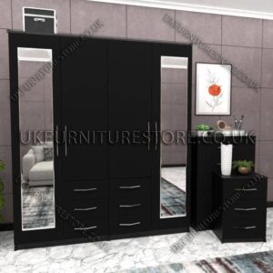 Black 4 Door Combi Wardrobe With 2 Mirrors