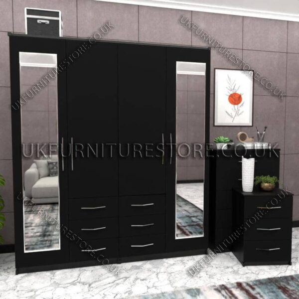 Black 4 Door Combi Wardrobe With 2 Mirrors