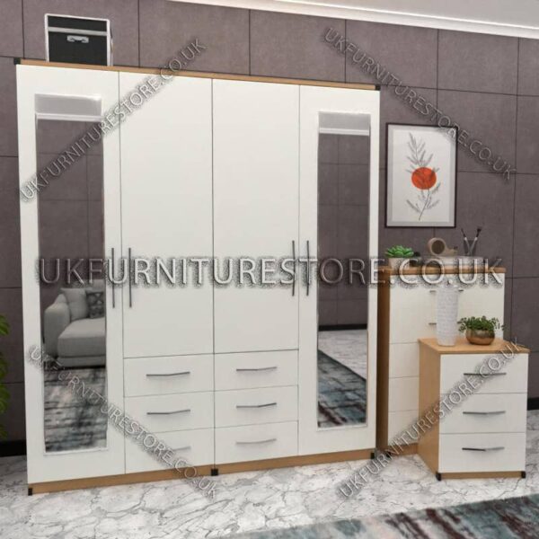 Front White Side Beech 4 Door Wardrobe Set With 2 Mirrors