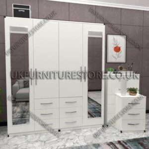 White 4 Door Combi Wardrobe Set With 2 Mirrors