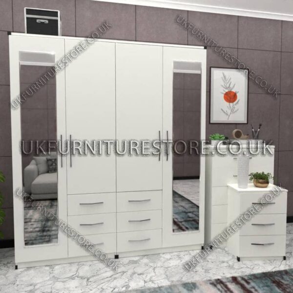 White 4 Door Combi Wardrobe Set With 2 Mirrors