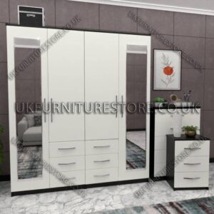Front White Side Black 4 Door Combi Wardrobe With 2 Mirrors