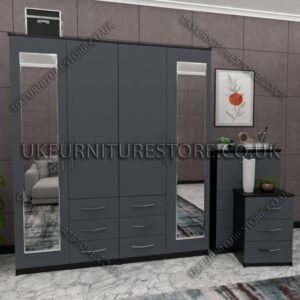Front Gray Side Black 4 Door Combi Wardrobe With 2 Mirrors