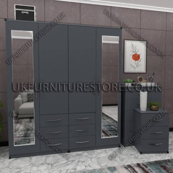 Gray 4 Door Combi Wardrobe With 2 Mirrors