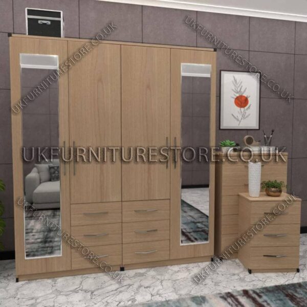 Oak 4 Door Combi Wardrobe With 2 Mirrors
