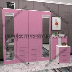 Front Pink Side White 4 Door Combi Wardrobe With 2 Mirrors