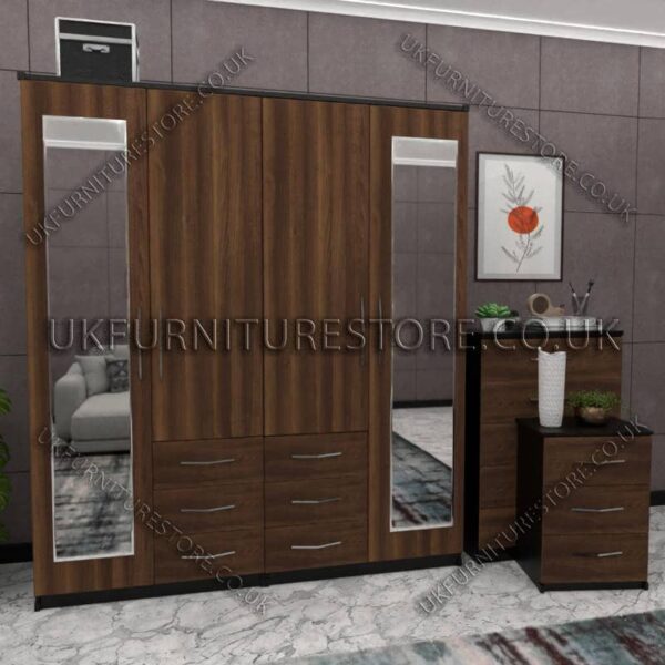 Walnut 4 Door Combi Wardrobe With 2 Mirrors