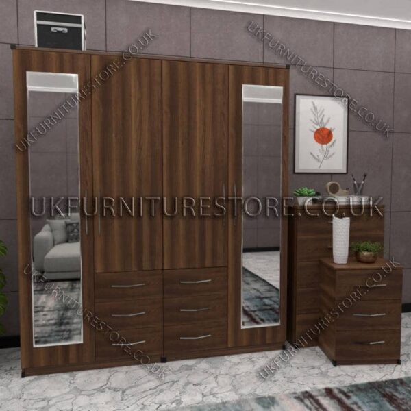 Walnut 4 Door Combi Wardrobe With 2 Mirrors