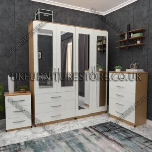Front White Side Beech 4 Door Wardrobe Set With 4 Mirrors and 3 Bottom Drawers