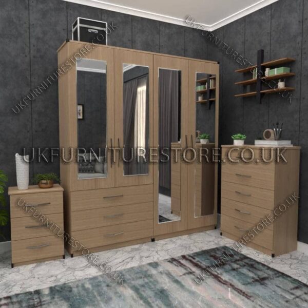 Oak 4 Door Wardrobe Set With 4 Mirrors and 3 Bottom Drawers