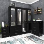 Black 4 Door Wardrobe Set With 4 Mirrors and 3 Bottom Drawers