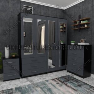 Front Gray Side Black 4 Door Wardrobe Set With 4 Mirrors and 3 Bottom Drawers
