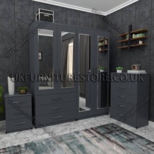 Gray 4 Door Wardrobe Set With 4 Mirrors and 3 Bottom Drawers