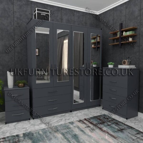 Gray 4 Door Wardrobe Set With 4 Mirrors and 3 Bottom Drawers