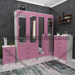 Front Pink Side White 4 Door Wardrobe Set With 4 Mirrors and 3 Bottom Drawers