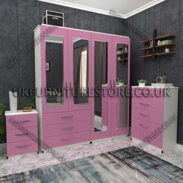 Front Pink Side White 4 Door Wardrobe Set With 4 Mirrors and 3 Bottom Drawers