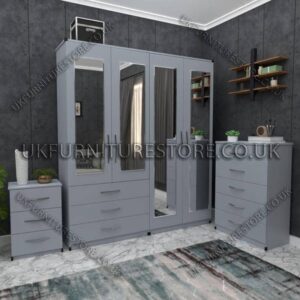 Silver 4 Door Wardrobe Set With 4 Mirrors and 3 Bottom Drawers