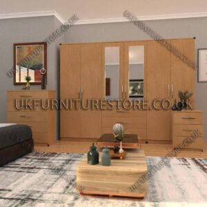 Beech 6 Door Wardrobe Set With 2 Mirrors and 3 Bottom Drawer