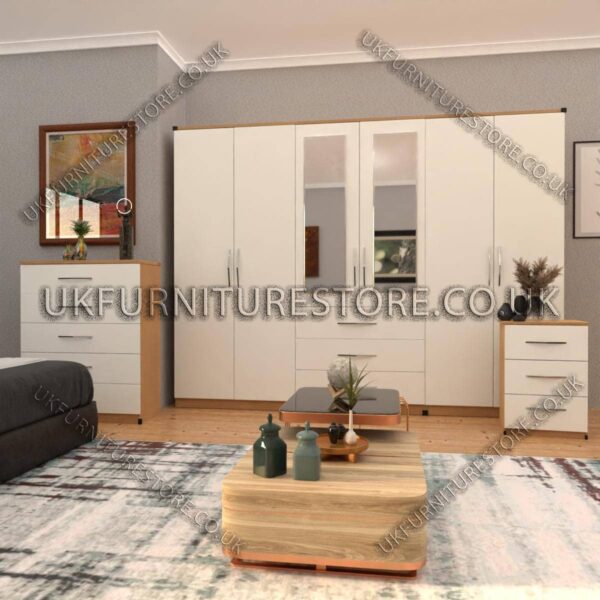 Front White Side Beech 6 Door Wardrobe Set With 2 Mirrors and 3 Bottom Drawer