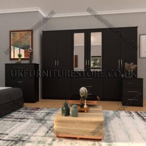 Black 6 Door Wardrobe Set With 2 Mirrors and 3 Bottom Drawer