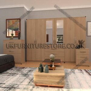 Oak 6 Door Wardrobe Set With 2 Mirrors and 3 Bottom Drawer
