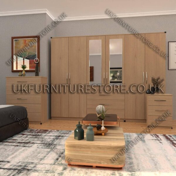 Oak 6 Door Wardrobe Set With 2 Mirrors and 3 Bottom Drawer
