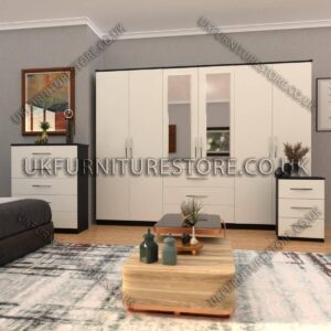 Front White Side Black 6 Door Wardrobe Set With 2 Mirrors and 3 Bottom Drawer