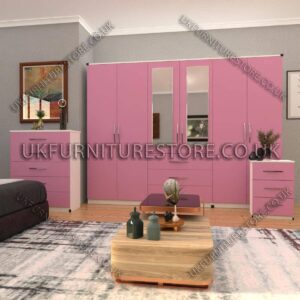 Front Pink Side White 6 Door Wardrobe Set With 2 Mirrors and 3 Bottom Drawer