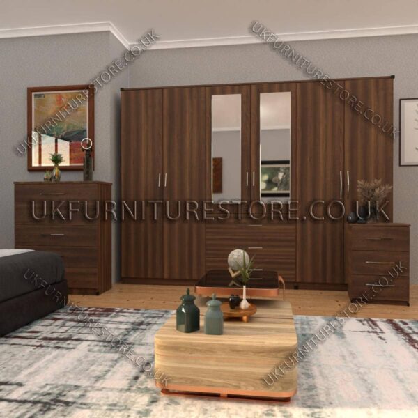 Walnut 6 Door Wardrobe Set With 2 Mirrors and 3 Bottom Drawer