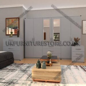 Silver 6 Door Wardrobe Set With 2 Mirrors and 3 Bottom Drawer