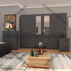 Gray 6 Door Wardrobe Set With 2 Mirrors and 3 Bottom Drawer