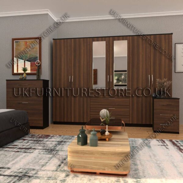 Front Walnut Side Black 6 Door Wardrobe Set With 2 Mirrors and 3 Bottom Drawer
