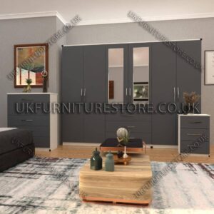 Front Gray Side White 6 Door Wardrobe Set With 2 Mirrors and 3 Bottom Drawer