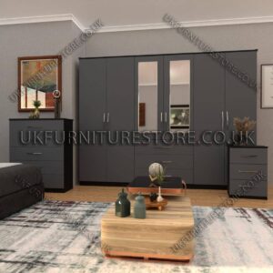 Front Gray Side Black 6 Door Wardrobe Set With 2 Mirrors and 3 Bottom Drawer
