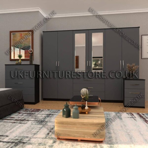 Front Gray Side Black 6 Door Wardrobe Set With 2 Mirrors and 3 Bottom Drawer