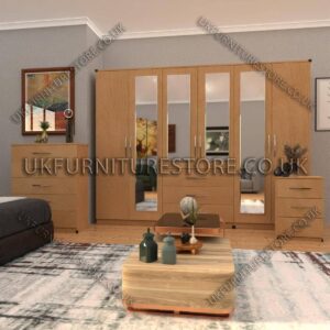 Beech 6 Door Wardrobe Set With 4 Mirrors and 3 Bottom Drawer