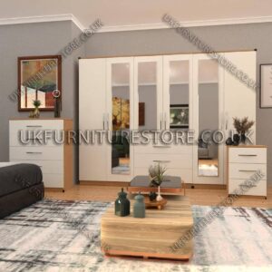 Front White Side Beech 6 Door Wardrobe Set With 4 Mirrors and 3 Bottom Drawer