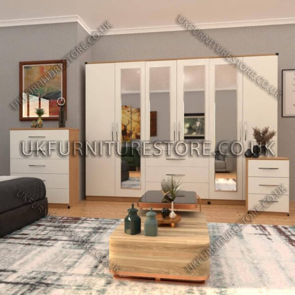 Front White Side Beech 6 Door Wardrobe Set With 4 Mirrors and 3 Bottom Drawer
