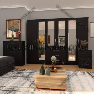 Black 6 Door Wardrobe Set With 4 Mirrors and 3 Bottom Drawer