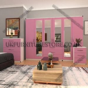 Front Pink Side White 6 Door Wardrobe Set With 4 Mirrors and 3 Bottom Drawer
