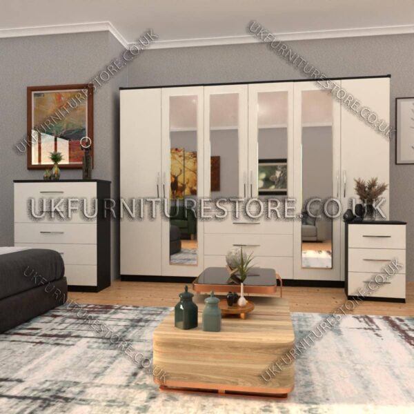 Front White Side Black 6 Door Wardrobe Set With 4 Mirrors and 3 Bottom Drawer