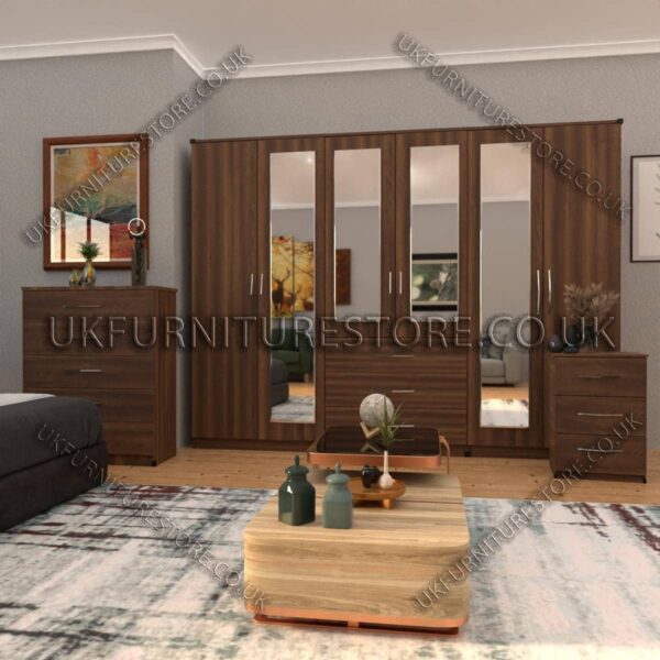 Walnut 6 Door Wardrobe Set With 4 Mirrors and 3 Bottom Drawer
