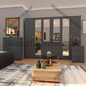 Gray 6 Door Wardrobe Set With 4 Mirrors and 3 Bottom Drawer